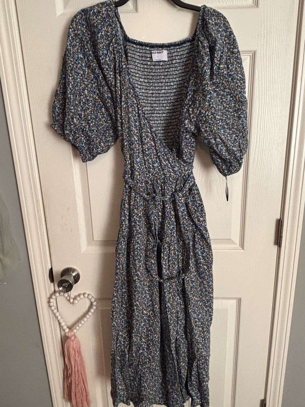 Old Navy Blue Floral Wrap Midi Dress with Puff Sleeves